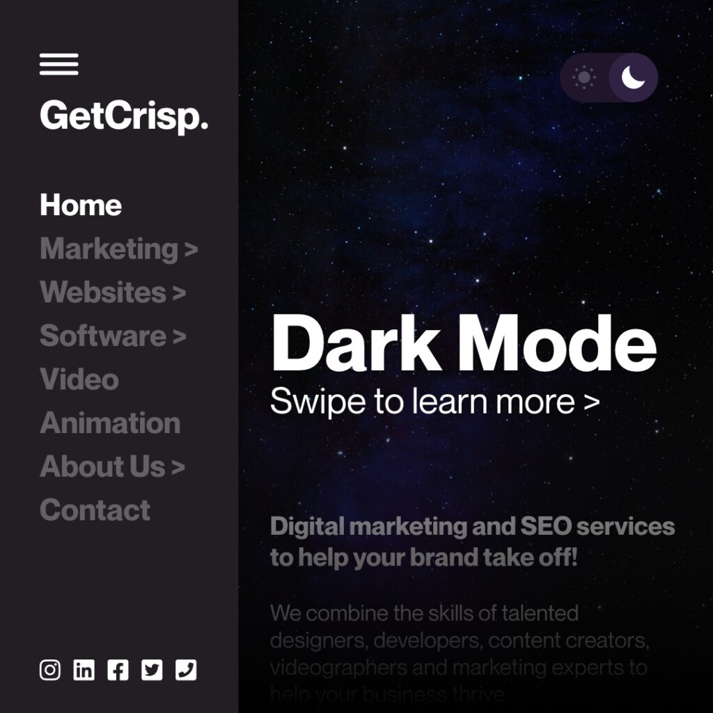 Dark mode on the GetCrisp website. Digital Marketing and SEO services to help your brand take off!